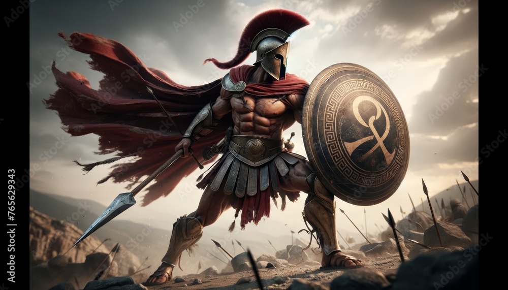 A Spartan warrior in ancient Greece, clad in traditional armor with a crimson cape, is engaged in intense combat.
