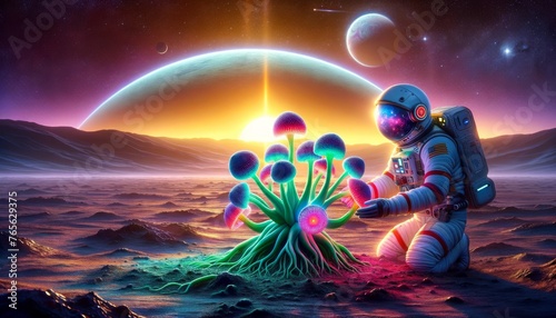 An astronaut is planting an extraterrestrial plant with bright, vibrant colors on the surface of a distant, uncharted planet.
