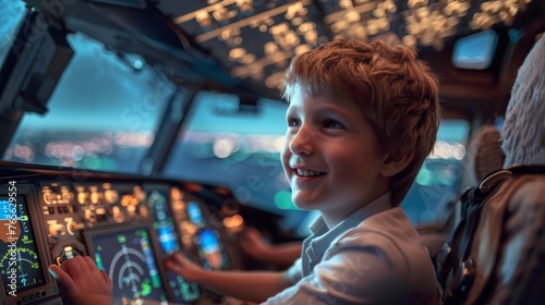 Little child pilot in airplane cockpit. flight simulator, entertainment for kids
