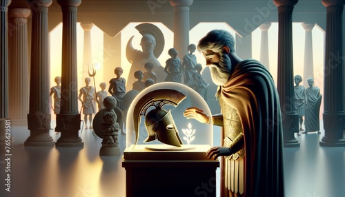 A whimsical, animated art style depiction of the poignant scene where Peleus is presented with Achilles's armor after his son's death, symbolizing los.