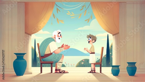 A whimsical, animated-style illustration capturing the poignant moment when Odysseus reveals his true identity to Telemachus. © FantasyLand86