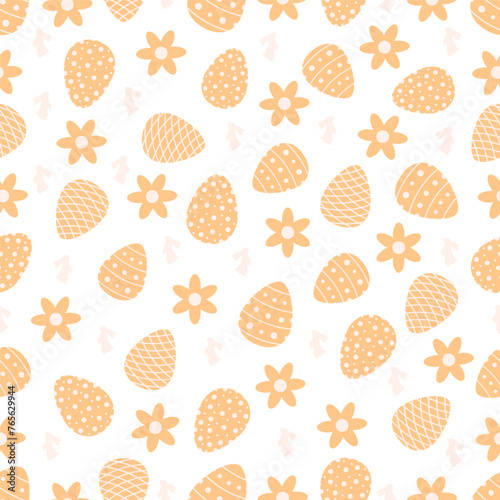 Cute Easter seamless pattern with bunnies, flowers, easter eggs.Beautiful background, great for Easter Cards, banner, textiles, wallpapers.Vector design