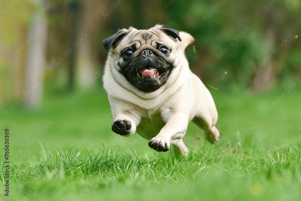 a pug dog captured mid-run across a green meadow. The dog's facial expression is lively and joyful, and its movement suggests energy and playfulness