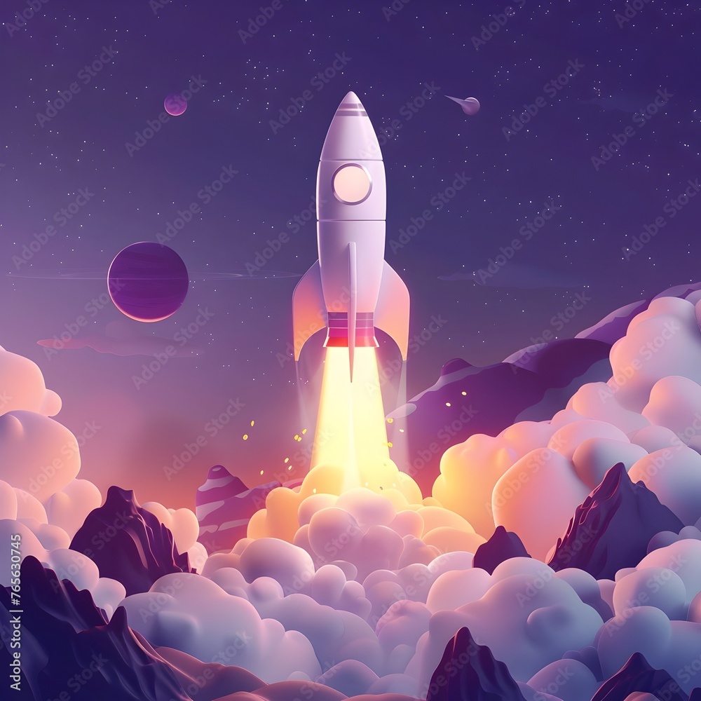 Animated Product Launch Event Unveiling Innovative Futuristic Rocket Spacecraft Blasting off from Mountain Landscape Against Dramatic Cosmic Sky with