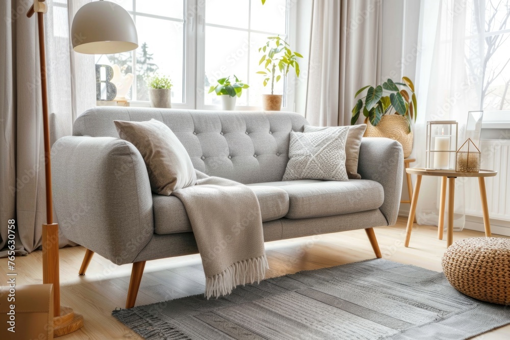 a living room interior that exudes warmth with its cozy grey sofa, an armchair, glowing lamps, and tasteful decorative elements, providing a homely and serene space