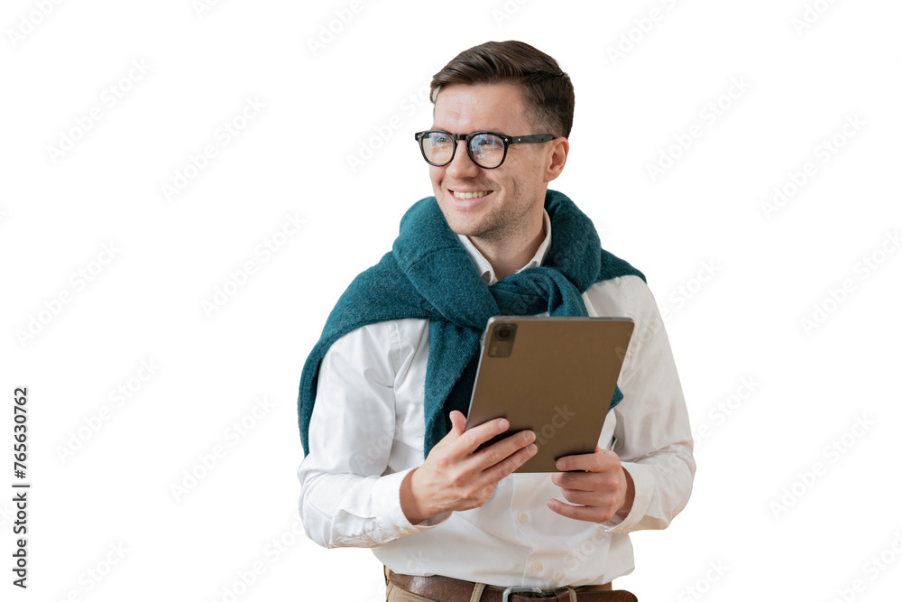 The client is a positive man with glasses using a tablet and an app, a transparent isolated background. The client is a positive man with glasses using a tablet and an app, a transparent isolated background.
