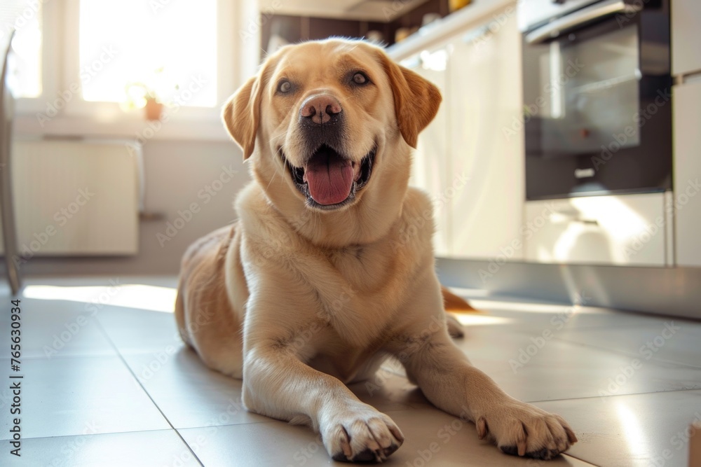 a happy Labrador dog is lying on the floor in a kitchen. The dog cheerful expression and relaxed body language suggest a comfortable and pet-friendly home environment