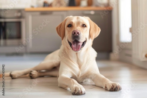 a happy Labrador dog is lying on the floor in a kitchen. The dog cheerful expression and relaxed body language suggest a comfortable and pet-friendly home environment © romanets_v