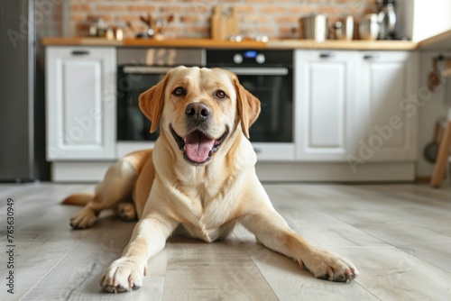 a happy Labrador dog is lying on the floor in a kitchen. The dog cheerful expression and relaxed body language suggest a comfortable and pet-friendly home environment