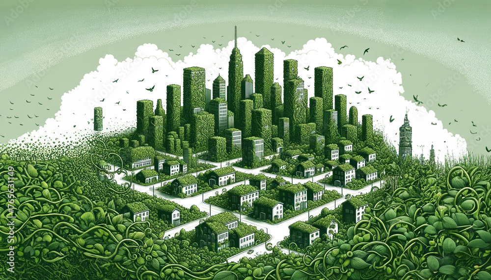 緑の植物に覆われた街