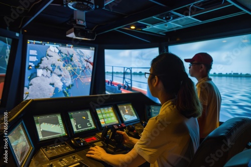 inside a ship's bridge simulation room, with two individuals operating navigational equipment. The scene implies an educational or training environment for maritime professionals
