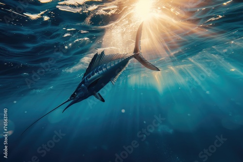 an underwater view of a sailfish in the ocean near the surface, with sunlight filtering through the water above, showcasing the beauty and dynamism of marine life