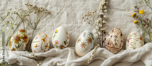 Happy Easter banner with easter eggs in nest and spring flowers.Nature eco Easter background with copy space. Flat lay,easter banner,happy easter background,easter zero waste,eco friendly