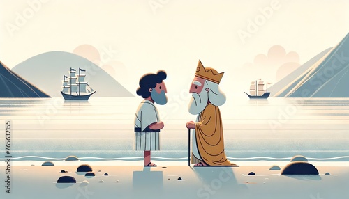 A whimsical, animated-style illustration depicting Telemachus and Nestor, the wise king of Pylos, engaged in a deep conversation by the seashore of Py. photo