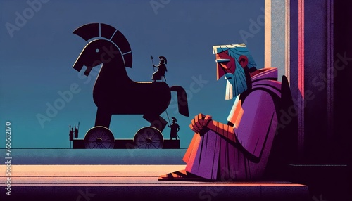 A whimsical, animated art style depiction of Laocoon, alone, in the aftermath of his failed warning, with the Trojan Horse subtly visible in the backg.