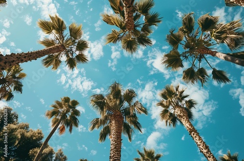 low angle shot of palm trees, blue sky with clouds, tropical vibe