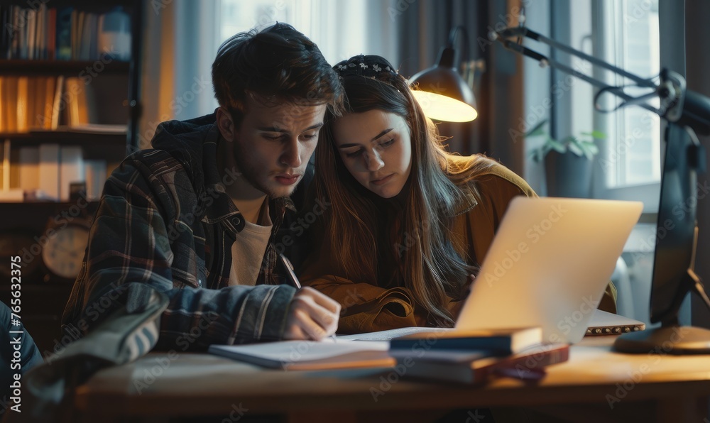 Two young adults focused on studying in a dimly lit room with a computer and books Two young adults focused on studying in a dimly lit room with a computer and books