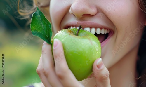Close-up of a smiling woman enjoying a crisp green apple  a symbol for health and natural diet