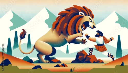 A whimsical, animated art style image depicting Heracles wrestling with the fierce Nemean Lion.
