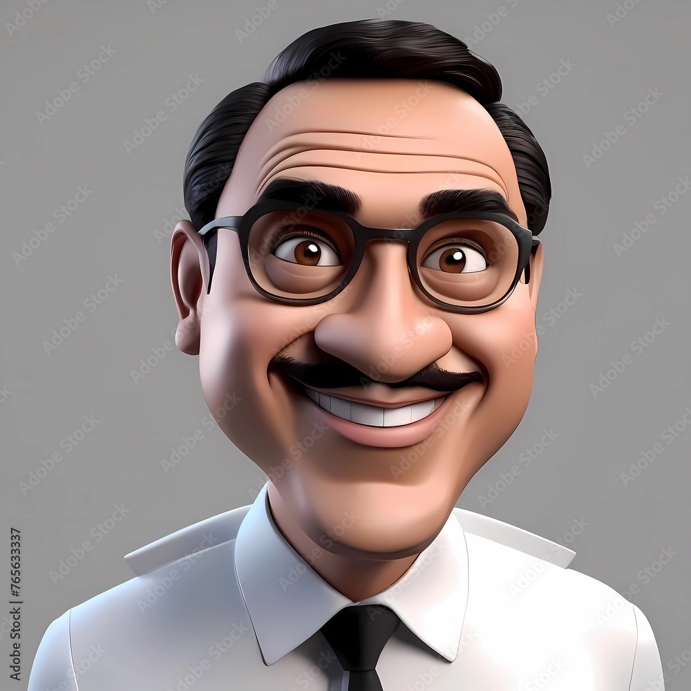 3d illustration of a cartoon caricature of a cheerful man with a stylish black hairstyle, glasses and a white shirt and black tie. 3d illustration of a cartoon caricature of a cheerful man with a stylish black hairstyle, glasses and a white shirt and black tie.