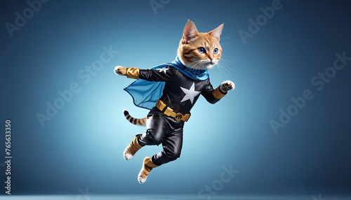 Hovering and flying cute kitten with special superpowers in superhero costume and superhero pose