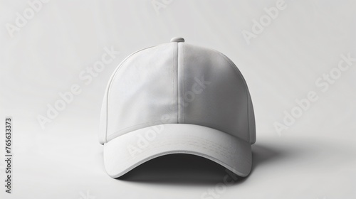 A plain white baseball cap is sitting on a solid white background. The cap is unworn and has a classic six-panel design with a curved brim. photo