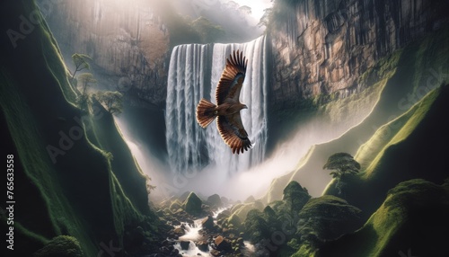 A medium shot of a bird flying past the waterfall, with the sheer cliff in the background.