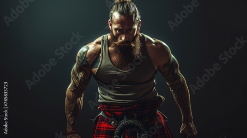 A muscular man with a beard and tattoos wearing a kilt and sporran.
