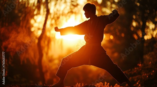 A young man practices karate in the early morning sun. He is wearing a black gi and a white belt.