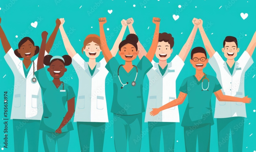 Obraz premium Diverse group of medical professionals cheering and celebrating together