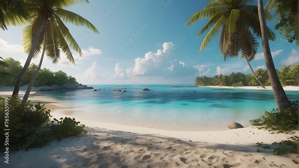"Imagine walking along the untouched shores of the Maldives, with the warm sun on your skin and the gentle sound of waves crashing against the shore. Let our AI platform bring this idyllic scene to li - obrazy, fototapety, plakaty 