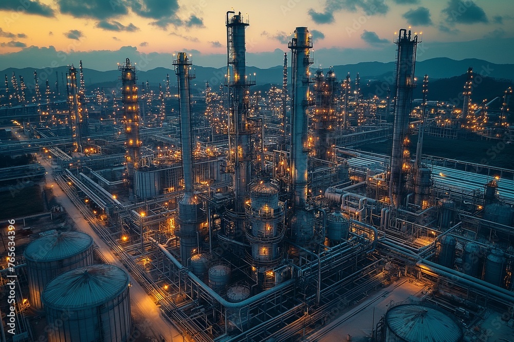 Obraz premium oil and gas power plant refinery with storage tanks facility for oil production, Gas turbine electrical power plant