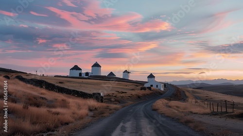 Rural road leading to a serene farmland at sunset. Picturesque countryside landscape with silos and soft skies. Ideal for calm and tranquil imagery. AI