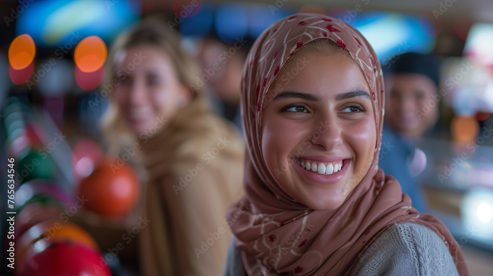 Fototapeta premium Diverse group of friends at bowling center, smiling.