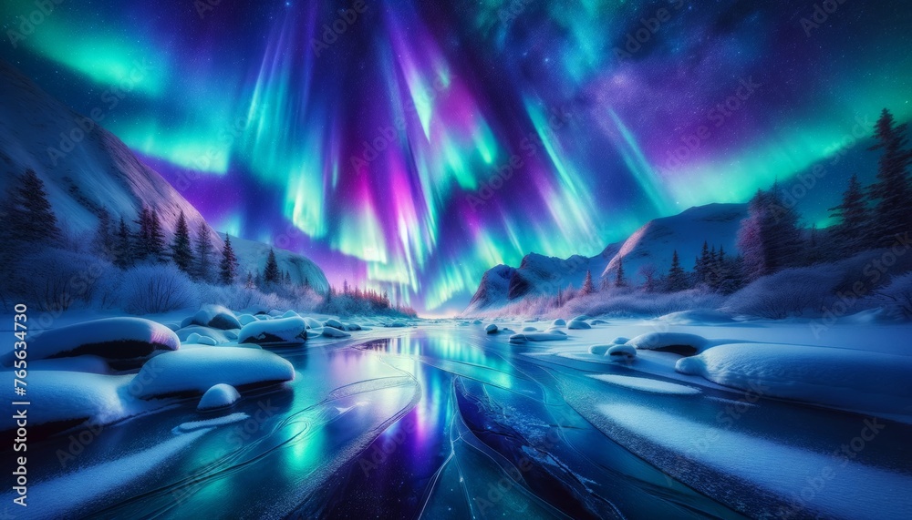 A mesmerizing scene of the Northern Lights (Aurora Borealis) shimmering above a snowy landscape.