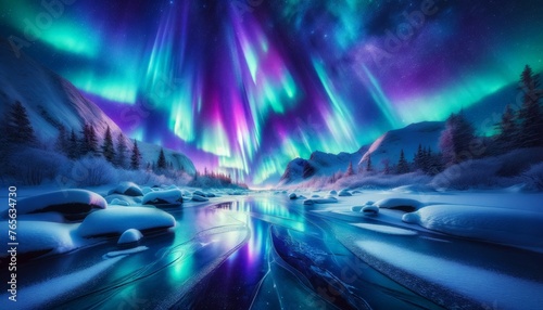 A mesmerizing scene of the Northern Lights  Aurora Borealis  shimmering above a snowy landscape.