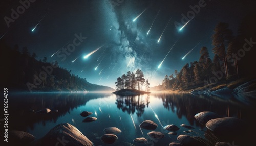 A serene lake at night under a brilliant meteor shower.