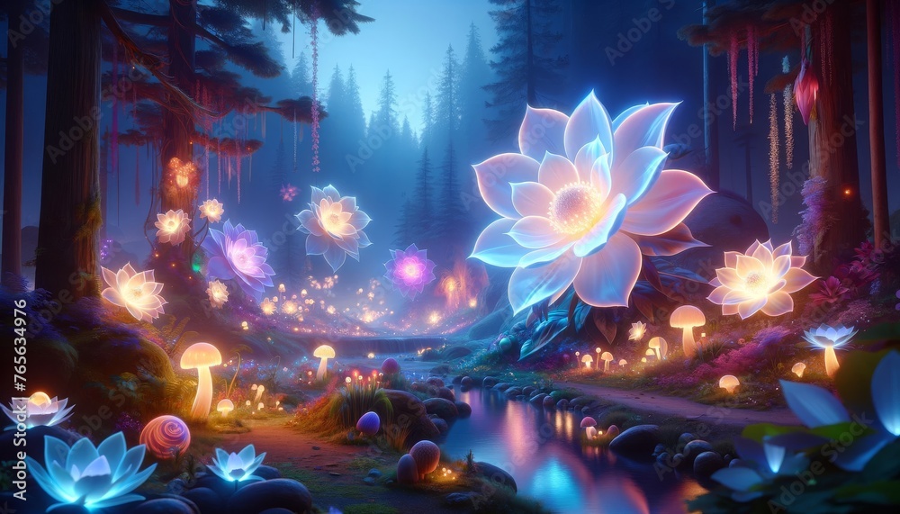 Fototapeta premium A fantasy landscape featuring glowing, oversized flowers and floating petals in a mystical forest.