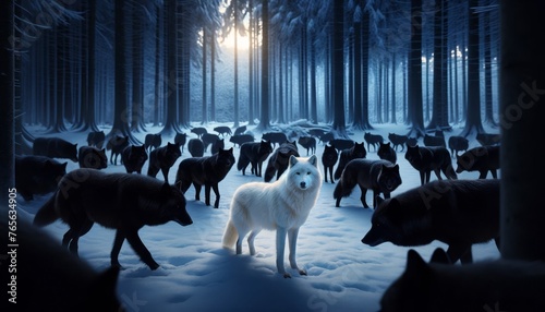 A lone white wolf in the midst of a pack of black wolves, underlining the contrast and possible themes of belonging and individuality.