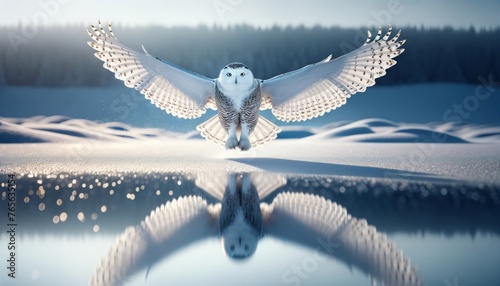 A snowy owl in flight, wings spread wide, captured against a snowy landscape. photo
