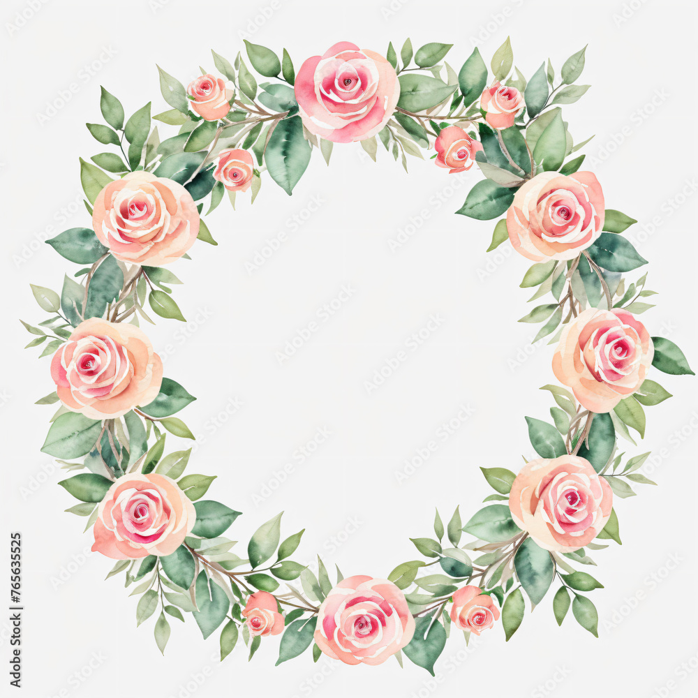Watercolor pink roses, rose flower wreath laurel. Decoration for weddings, wedding design, wedding invitation, Mother's day card.