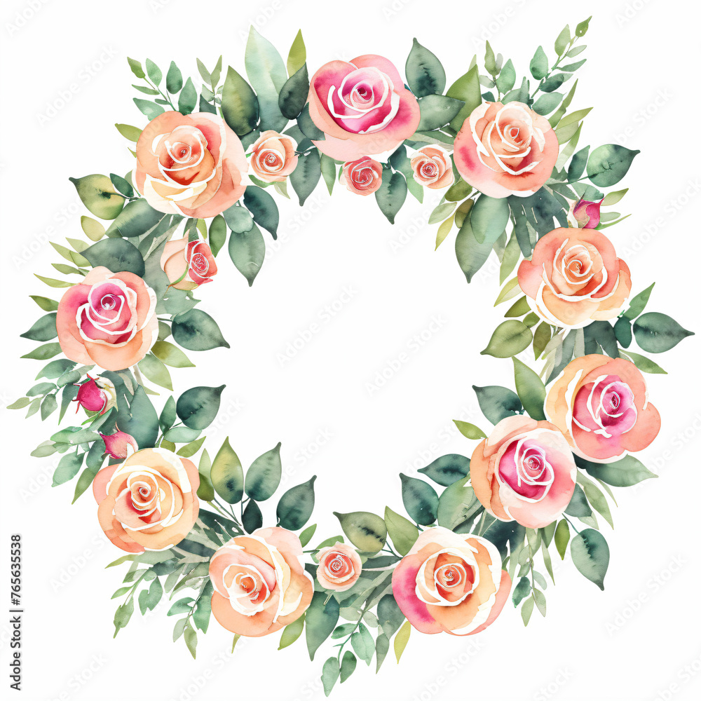 Watercolor pink roses, rose flower wreath laurel. Decoration for weddings, wedding design, wedding invitation, Mother's day card.