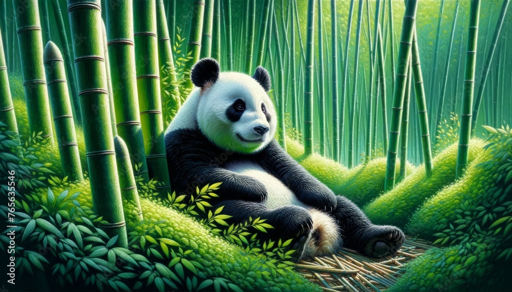 Obraz premium Create a detailed and vivid image of a peaceful panda among a bamboo forest, highlighting the contrast between the animal's black and white fur and th.