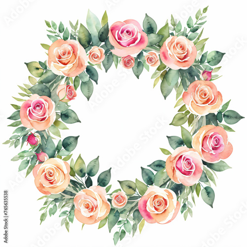 Watercolor pink roses  rose flower wreath laurel. Decoration for weddings  wedding design  wedding invitation  Mother s day card.