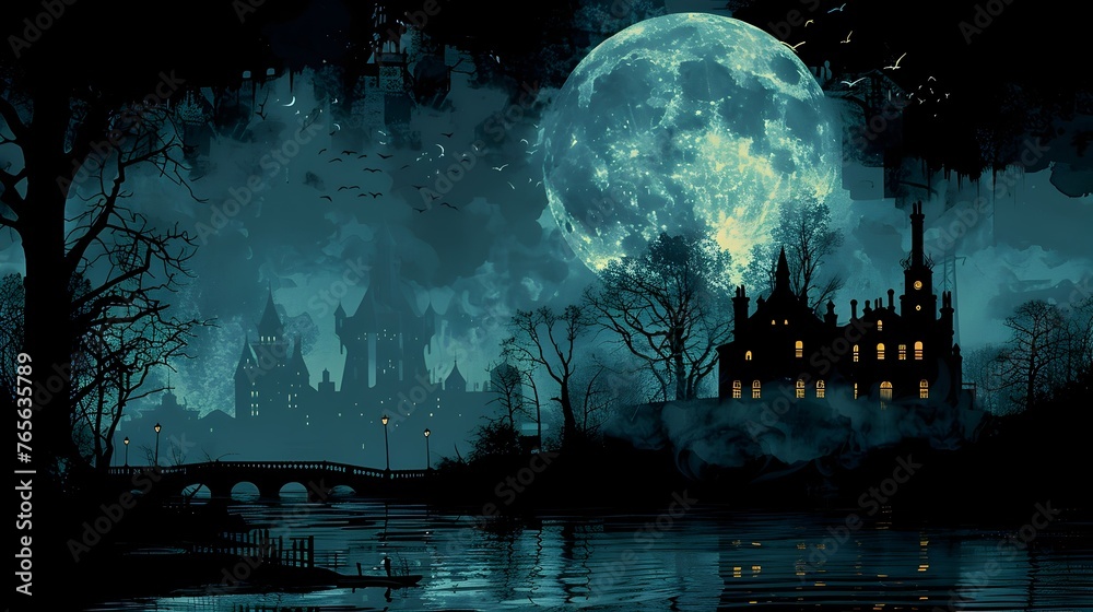 Haunting Phantoms Trapped in Eternal Sorrow:A Ghostly Mansion's Enigmatic Landscape Under the Eerie Moonlight