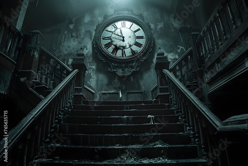 The Haunted Clock Ticking Away the Hours of Despair in the Eerie Attic of a Decaying Mansion