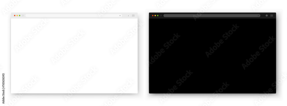 A set of browser window in white and black on a white background. Website layout with search bar, toolbar and buttons. Vector EPS 10.