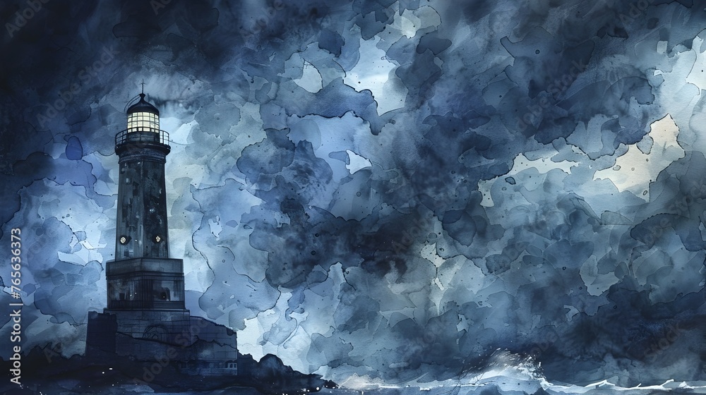 Moody Watercolor of Isolated and Eerie Tower Against Dramatic Stormy Sky