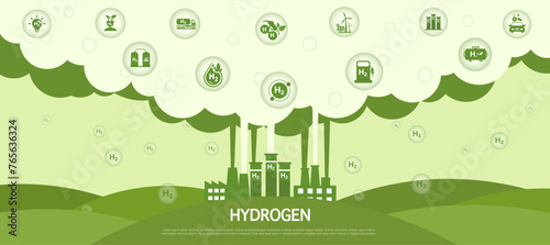 Hydrogen energy concept, combustion fuel that produce electricity. Friendly renewable energy Providing environmental sustainability and alternative lifestyles.