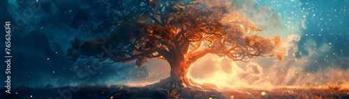 Mythical Tree of Life Bursting with Cosmic Energy and Infinite Narratives photo